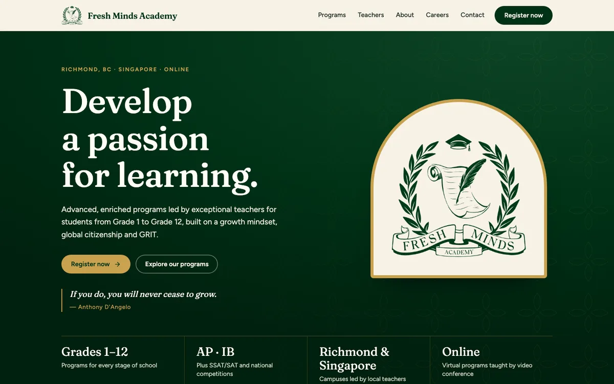 Fresh Minds Academy home page after: a green and gold design with the crest, programs and a register button