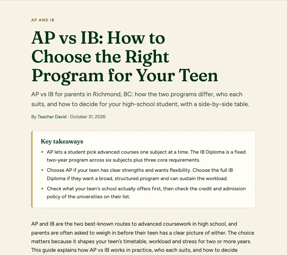 The article "AP vs IB: How to Choose the Right Program for Your Teen" in the Fresh Minds Academy design, with key takeaways