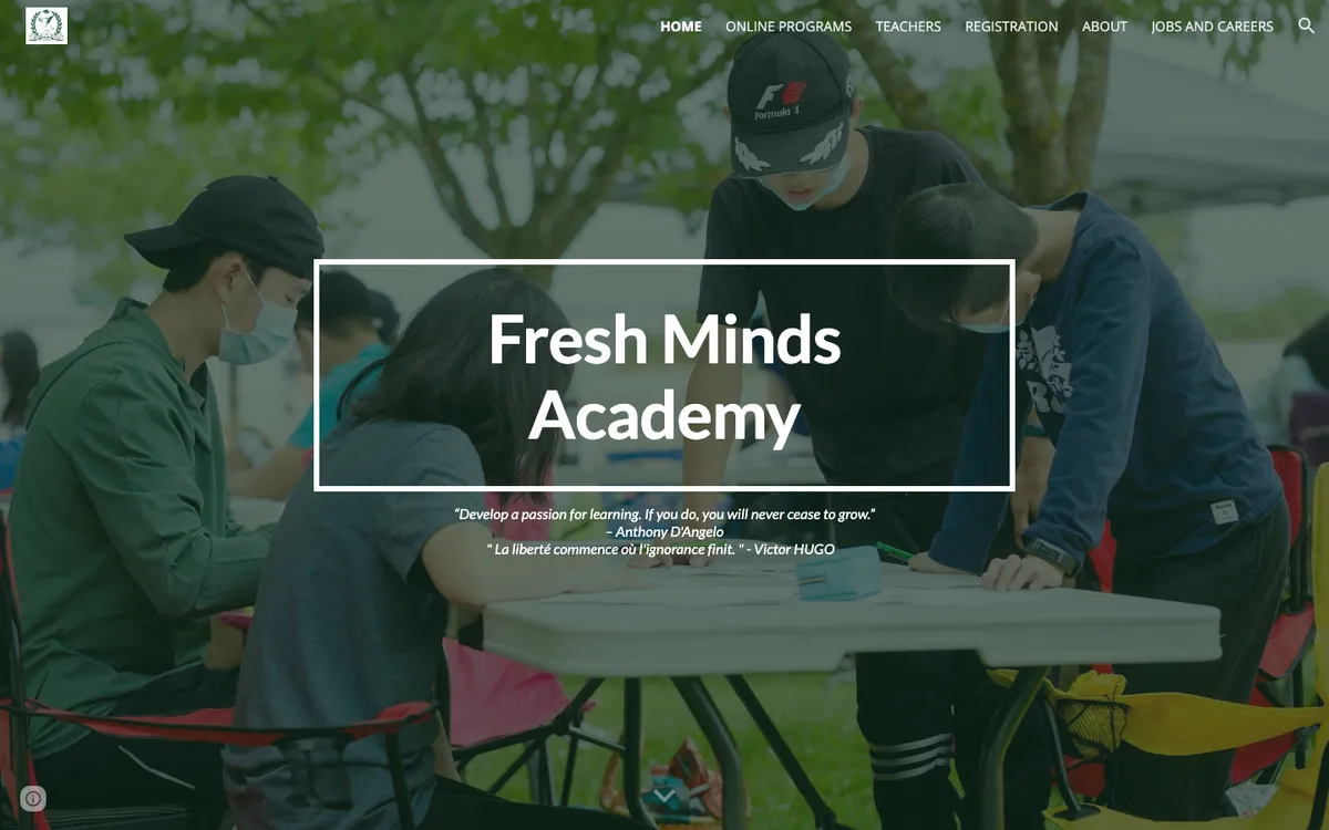 Fresh Minds Academy home page before: a Google Sites page with a full-screen photo and the school name